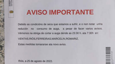 O Concello de Riós emitiu un bando para informar á veciñanza dos cortes de auga.