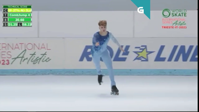 Lucas Yáñez durante o exercicio co que logrou o pase á final da Copa do Mundo de patinaxe artística