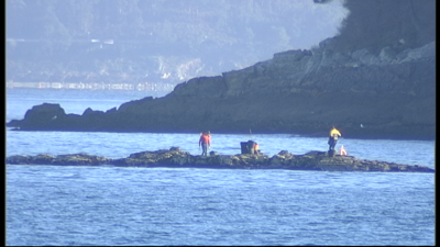 Imaxe de dúas persoas traballando na extracción e recollida de mexilla en Galicia