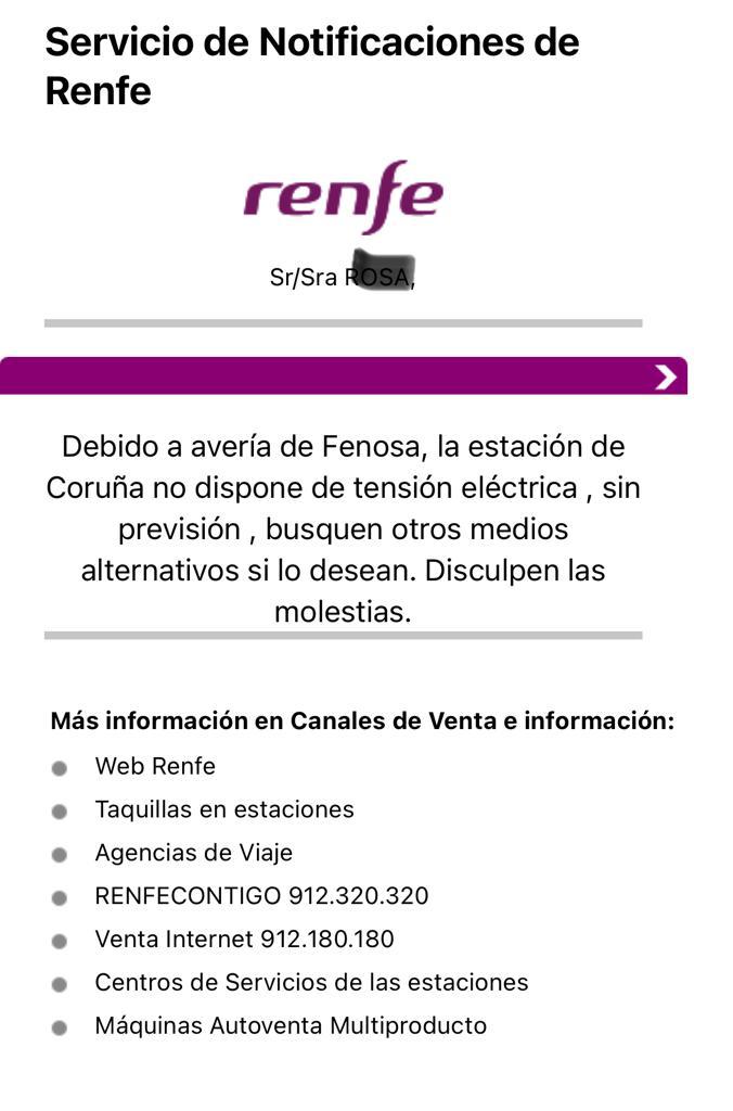 Correo electrónico que enviou Renfe a algúns dos usuarios afectados