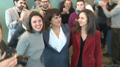 Isabel Faraldo, acompañada de Irene Montero e Ione Belarra