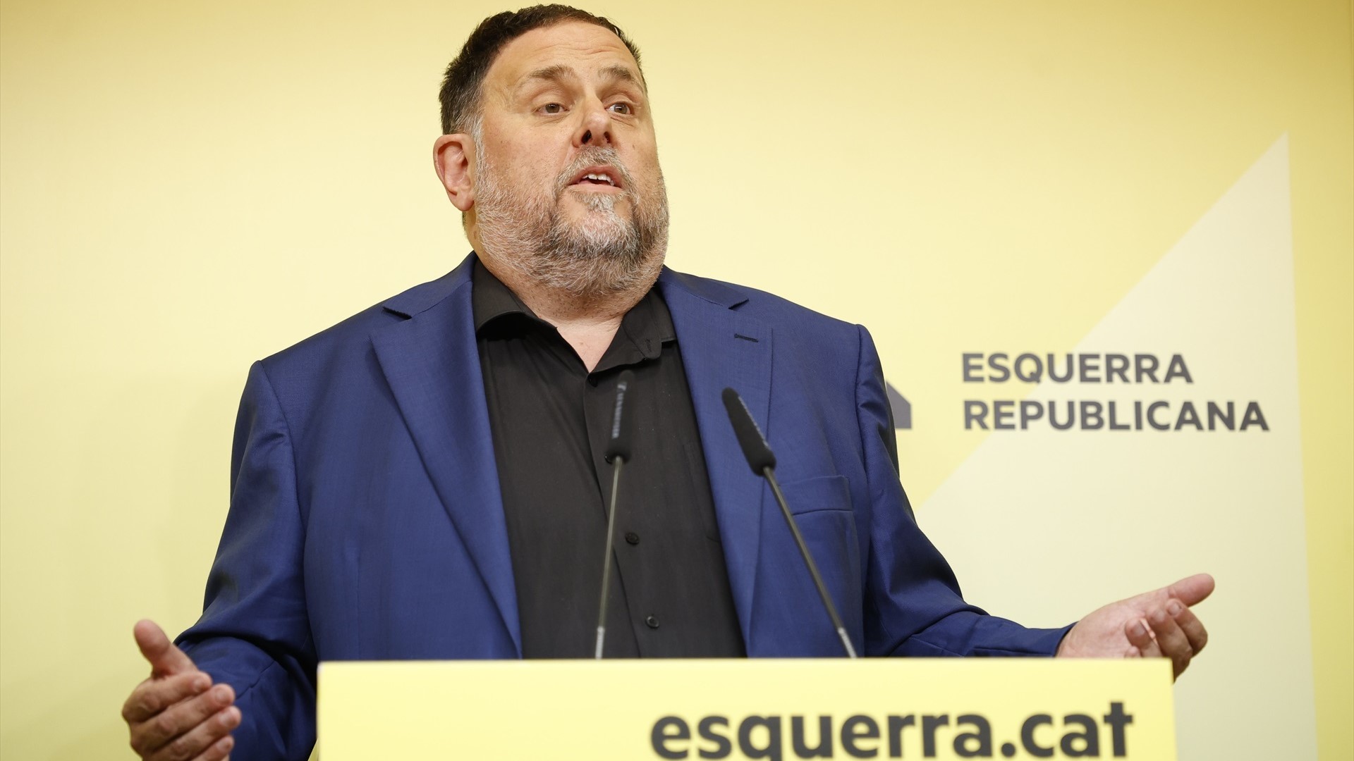 O líder de ERC, Oriol Junqueras, en conferencia de prensa este xoves en Barcelona (Kike Rincón / Europa Press).