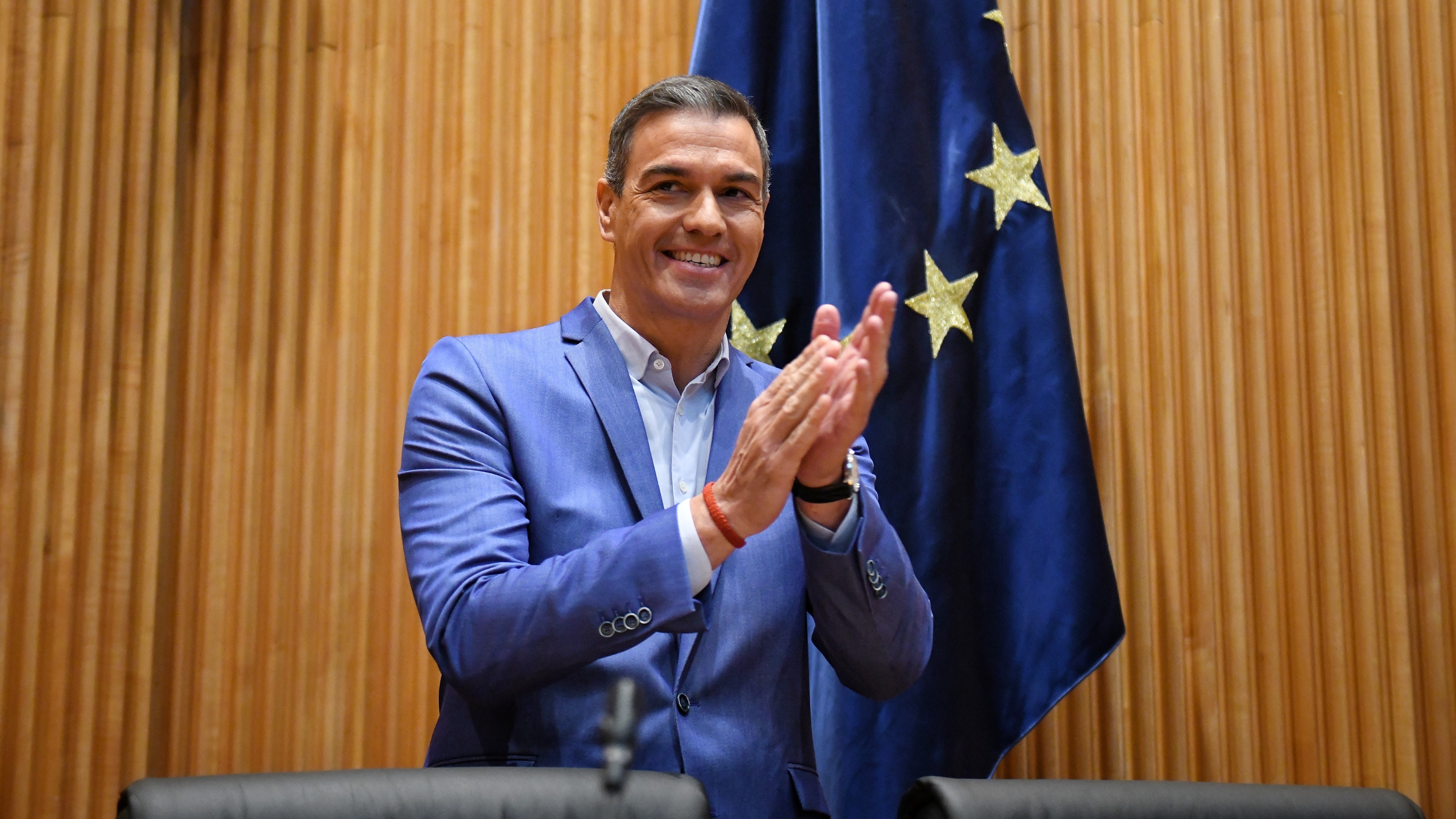 O secretario xeral do PSOE e presidente do Goberno, Pedro Sánchez, durante a reunión da interparlamentaria socialista (Fernando Sánchez / Europa Press)