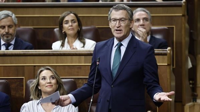 O presidente do PP Alberto Núñez Feijóo intervén na sesión de control ao Goberno este mércores no Congreso (EFE / Sergio Pérez)