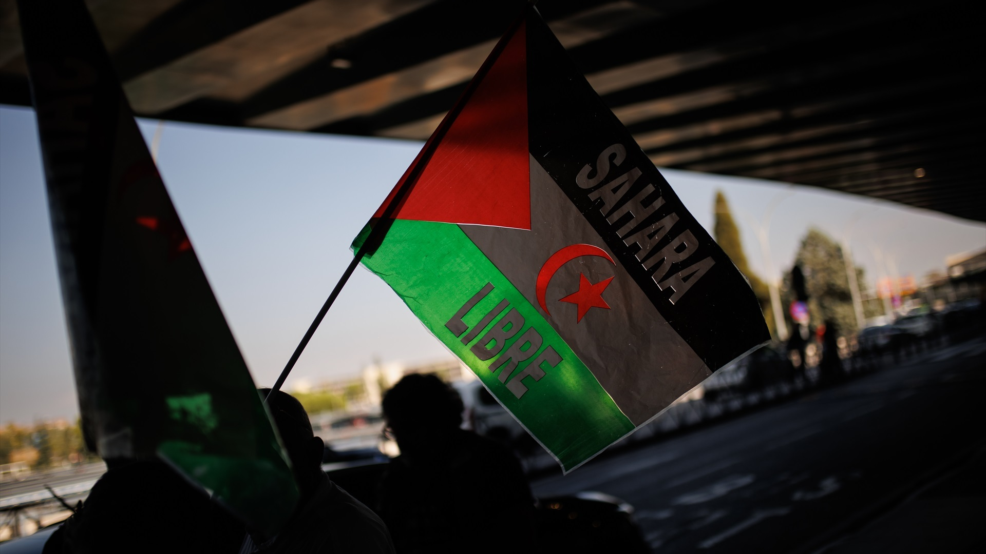 Bandeira do Sáhara Libre no aeroporto de Baraxas o 23 de setembro (Europa Press / Alejandro Martínez Vélez)