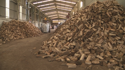 Toneladas de leña seca e semiseca almacenadas nunha nave da Fervedoira, en Lugo