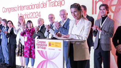 Yolanda Díaz, durante a firma da Carta Global de Dereitos Laborais en Madrid. (Diego Radamés - Europa Press)